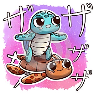 Turtle surfing another turtle Ã¢â¬â square size with watercolor background and Japanese onomatopoeia photo